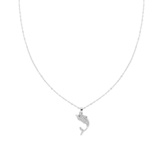 Collana Catena Forzatina Diamantata con Delfino e Crystal Bianchi in ACCIAIO