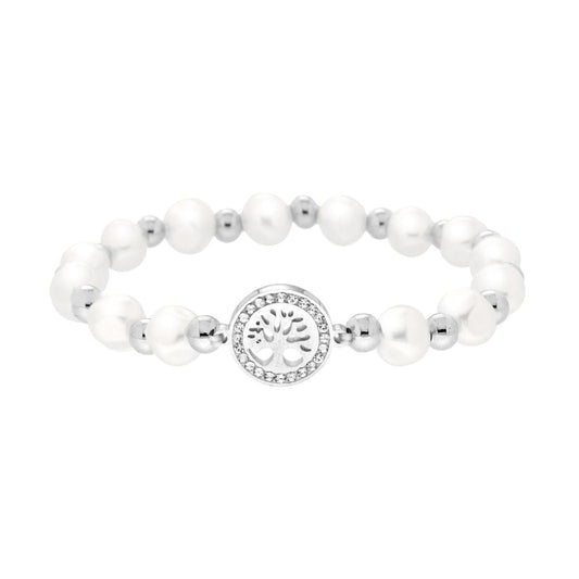Bracciale Elastico Albero della Vita con Crystal Bianchi e Perle in ACCIAIO