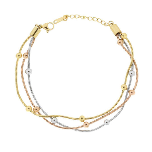 Bracciale tre fili Catena Coda di Topo con Palline Lisce in ACCIAIO colore Oro e Rosa