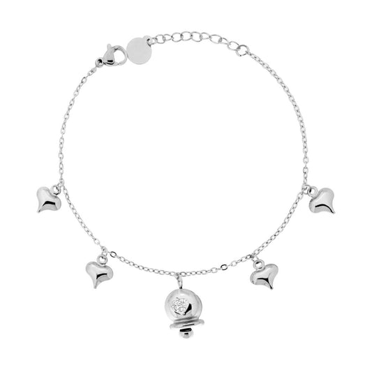 Bracciale Catena Forzatina Diamantata con Campanella Cuori Bombati e Crystal Bianchi in ACCIAIO