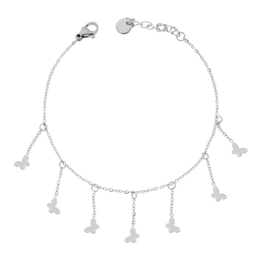 Bracciale Catena Forzatina Diamantata con Farfalle plain pendenti in ACCIAIO