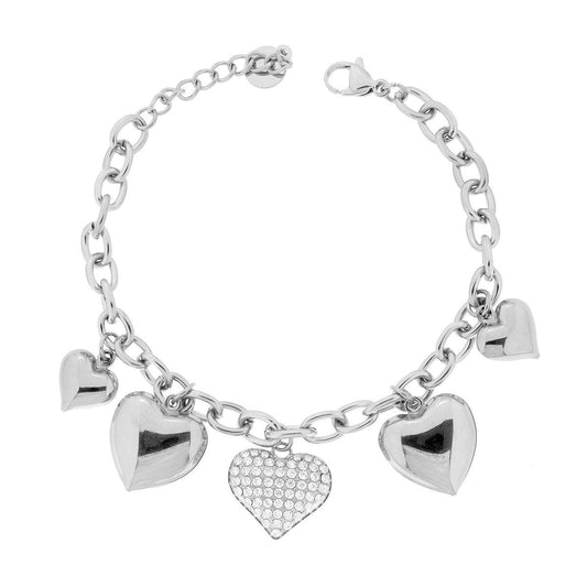Bracciale Catena Forzatina con Cuori Bombati pendenti e Crystal Bianchi in ACCIAIO