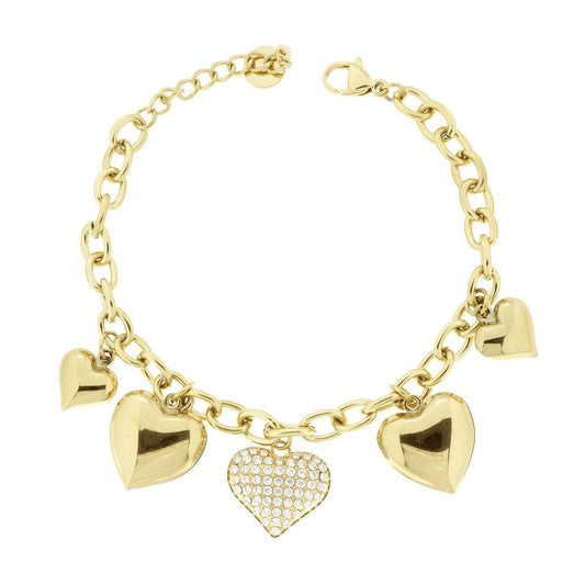 Bracciale Catena Forzatina con Cuori Bombati pendenti e Crystal Bianchi in ACCIAIO colore Oro