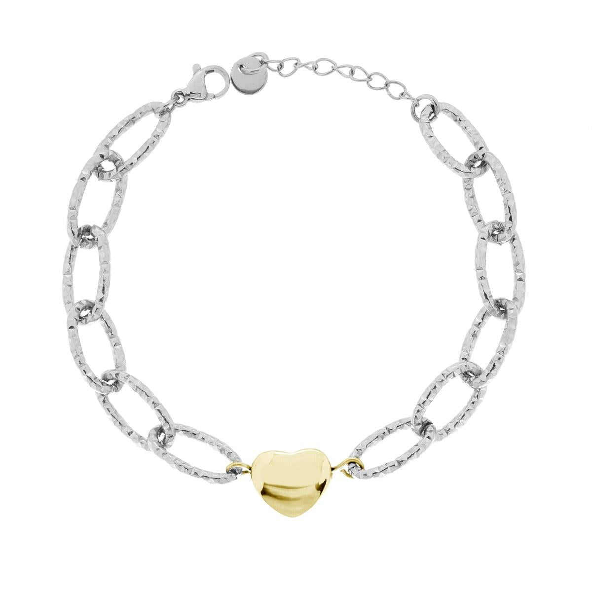 Bracciale Catena Forzatina Diamantata con Cuore Bombato colore Oro in ACCIAIO