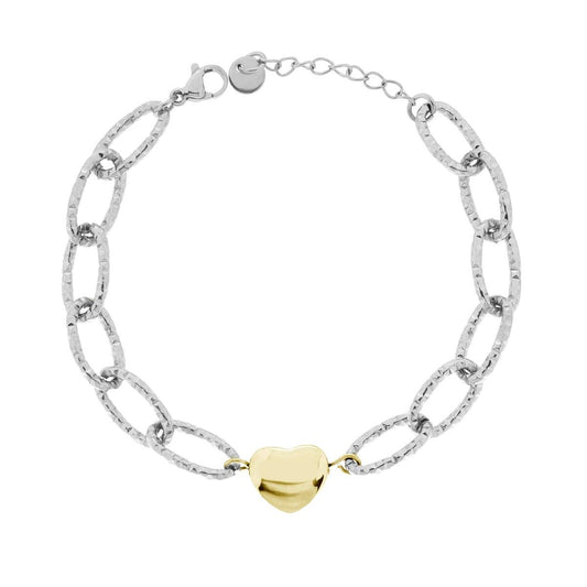 Bracciale Catena Forzatina Diamantata con Cuore Bombato colore Oro in ACCIAIO