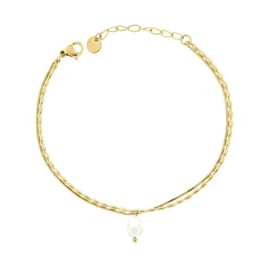 Bracciale due fili Catena Palline Ovali e Coda di Topo con Perla in ACCIAIO colore Oro