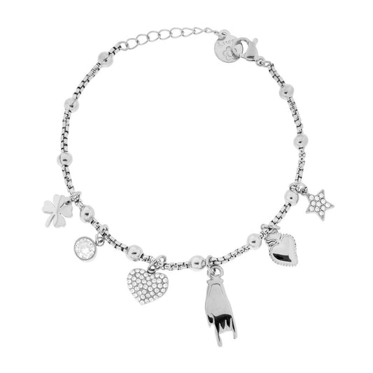 Bracciale Catena Veneziana Tonda con Charms Portafortuna e Crystal Bianchi in ACCIAIO