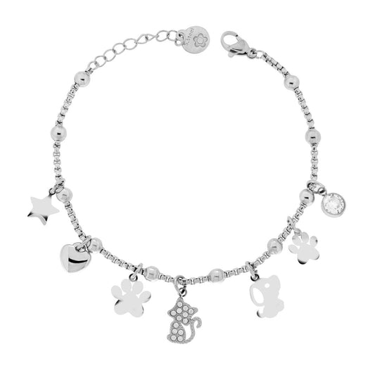 Bracciale Catena Veneziana Tonda con Animali Charms e Crystal Bianchi in ACCIAIO