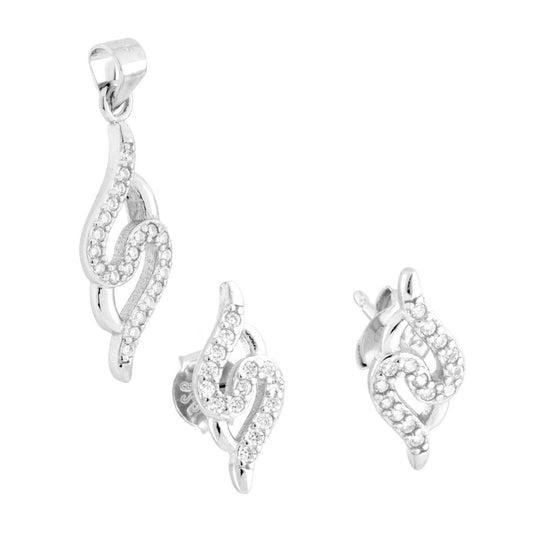Parure Set Orecchini e Ciondolo Nastri con Cubic Zirconia Bianchi in ARGENTO 925 Galvanica Rodio