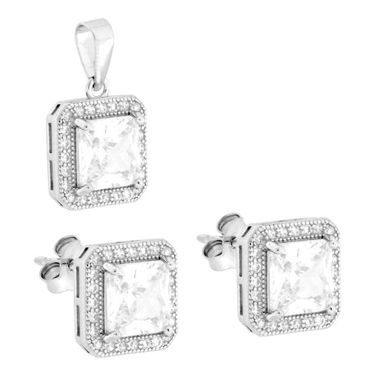 Parure Set Orecchini e Ciondolo Quadrato Bianco contornato da Cubic Zirconia Bianchi in ARGENTO 925 Galvanica Rodio