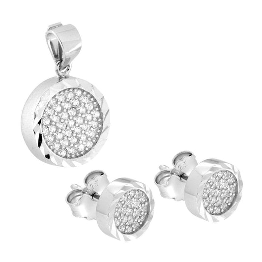 Parure Set Orecchini e Ciondolo Tondo Diamantato con Cubic Zirconia Bianchi in ARGENTO 925 Galvanica Rodio