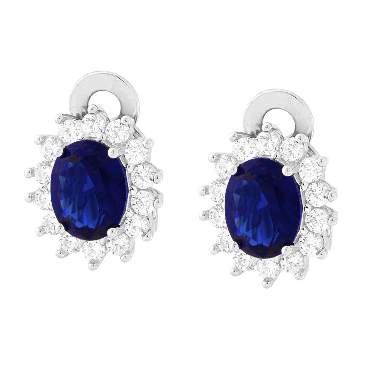 Orecchini Clip Ovale Blu Zaffiro contornato da Cubic Zirconia Bianchi in ARGENTO 925 Galvanica Rodio