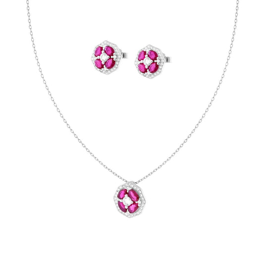 Parure Set Orecchini e Collana Catena Forzatina Diamantata con Fiore Rosso Rubino contornato da Cubic Zirconia Bianchi in ARGENTO 925 Galvanica Rodio