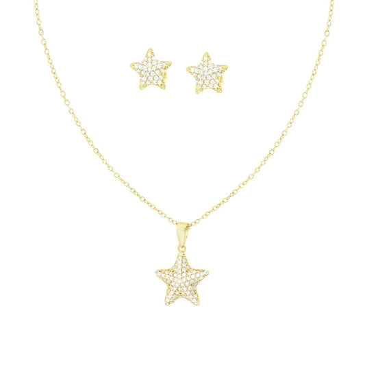 Parure Set Orecchini e Collana Catena Forzatina Diamantata con Stella Cubic e Zirconia Bianchi in ARGENTO 925 Galvanica Oro