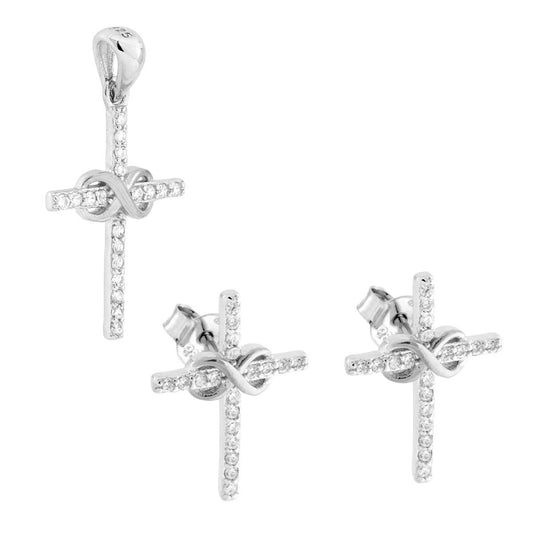 Parure Set Orecchini e Ciondolo Croce con Cubic Zirconia Bianchi e Infinito in ARGENTO 925 Galvanica Rodio