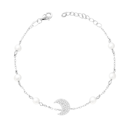Bracciale Catena Forzatina Diamantata con Luna Cubic Zirconia Bianchi e Perle in ARGENTO 925 Galvanica Rodio