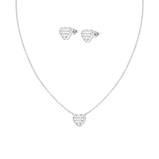 Parure Set Orecchini e Collana Catena Forzatina Diamantata con Cuore Cubic Zirconia Bianchi in ARGENTO 925 Galvanica Rodio
