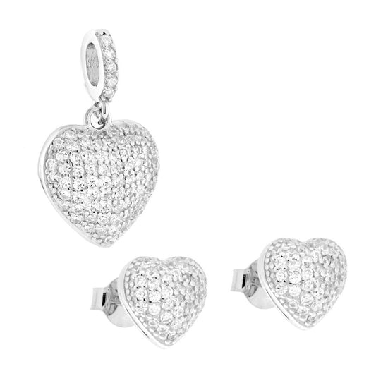Parure Set Orecchini e Ciondolo Cuore Bombato con Cubic Zirconia Bianchi in ARGENTO 925 Galvanica Rodio