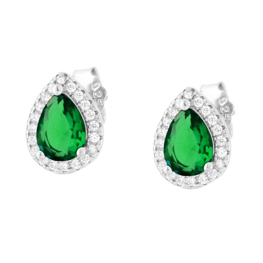 Orecchini Goccia Verde Smeraldo contornato da Cubic Zirconia Bianchi in ARGENTO 925 Galvanica Rodio