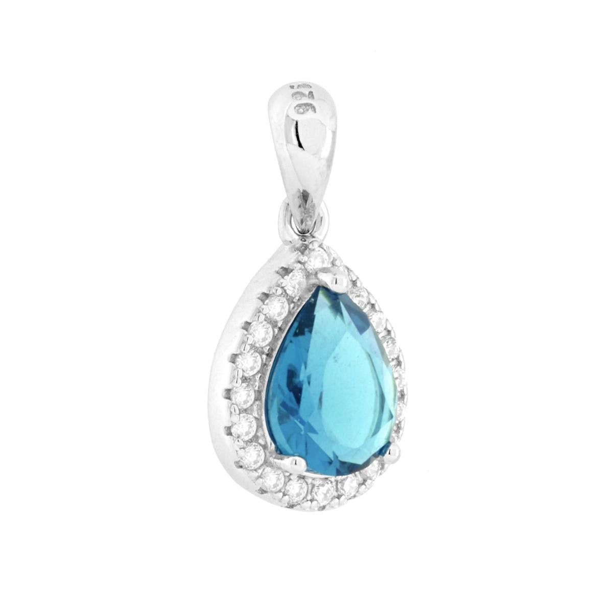 Ciondolo Goccia Acquamarina contornato da Cubic Zirconia Bianchi in ARGENTO 925 Galvanica Rodio