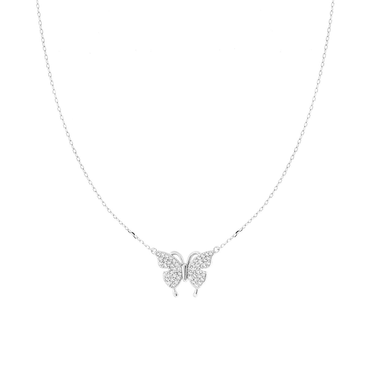 Collana Catena Forzatina Diamantata con Farfalla e Cubic Zirconia Bianchi in ARGENTO 925 Galvanica Rodio
