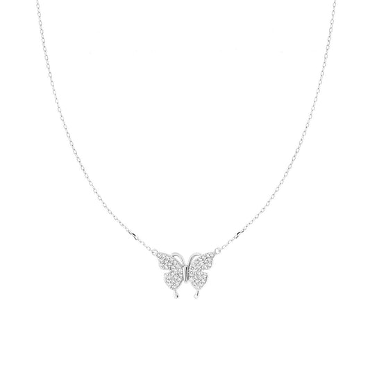 Collana Catena Forzatina Diamantata con Farfalla e Cubic Zirconia Bianchi in ARGENTO 925 Galvanica Rodio