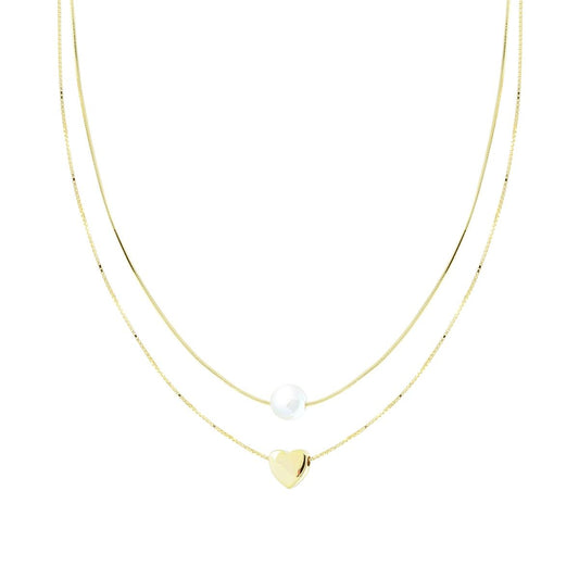 Collana due fili Catena Veneziana Diamantata e Coda di Topo con Cuore e Perla centrali in ARGENTO 925 Galvanica Oro