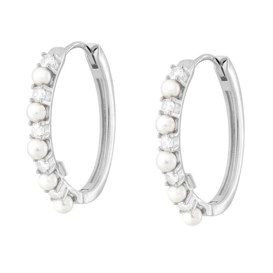 Orecchini Cerchio Ovale Scattino con Cubic Zirconia Bianchi e Perle in ARGENTO 925 Galvanica Rodio
