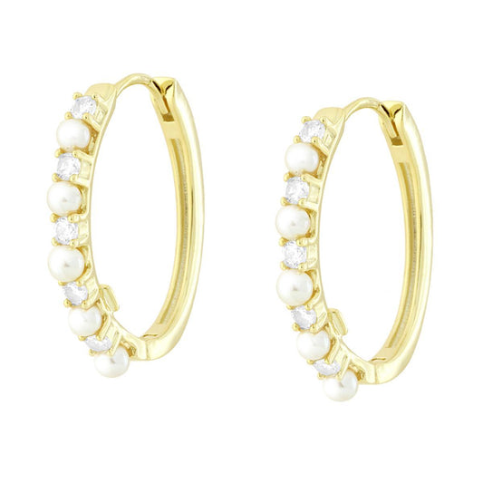 Orecchini Cerchio Ovale Scattino con Cubic Zirconia Bianchi e Perle in ARGENTO 925 Galvanica Oro