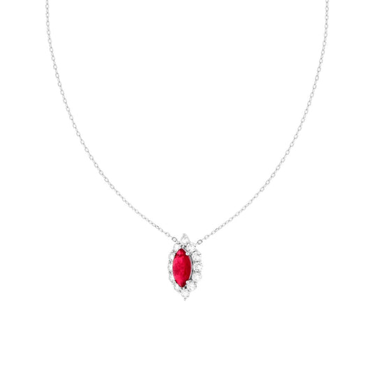 Collana Catena Forzatina Diamantata Marquise Rosso Rubino contornato da Cubic Zirconia Bianchi in ARGENTO 925 Galvanica Rodio