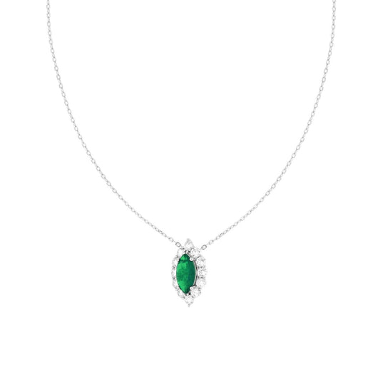Collana Catena Forzatina Diamantata Marquise Verde Smeraldo contornato da Cubic Zirconia Bianchi in ARGENTO 925 Galvanica Rodio