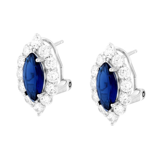 Orecchini Marquise Blu Zaffiro contornato da Cubic Zirconia Bianchi in ARGENTO 925 Galvanica Rodio