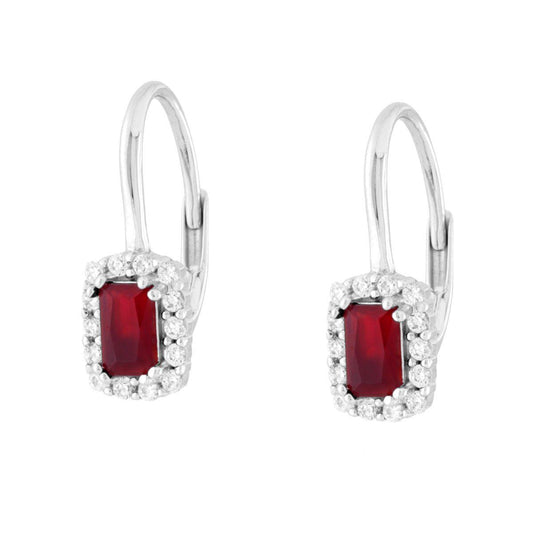 Orecchini Monachella Rettangolo Rosso Rubino contornato da Cubic Zirconia Bianchi in ARGENTO 925 Galvanica Rodio