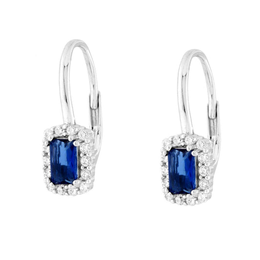 Orecchini Monachella Rettangolo Blu Zaffiro contornato da Cubic Zirconia Bianchi in ARGENTO 925 Galvanica Rodio