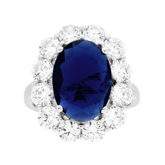 Anello Ovale Blu Zaffiro contornato da Cubic Zirconia Bianchi in ARGENTO 925 Galvanica Rodio