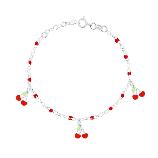 Bracciale Bimbo Bimba Catena Rolo con Palline e Ciliegie con Smalto Rosso in ARGENTO 925