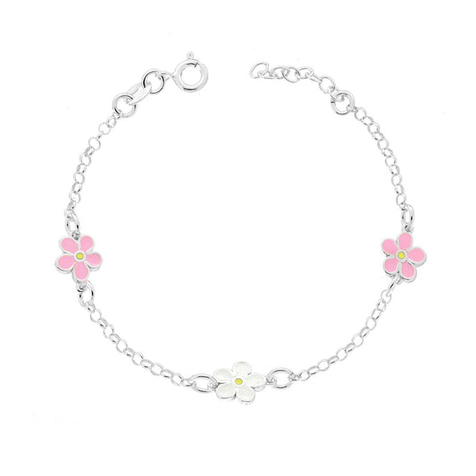 Bracciale Bimbo Bimba Catena Rolo con Fiori con Smalto Bianco e Rosa in ARGENTO 925
