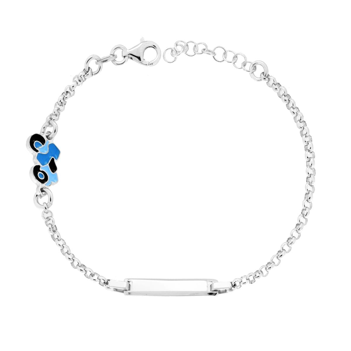 Bracciale Bimbo Bimba Catena Rolo con Targa Rettangolare e Motocicletta con Smalto Azzurro in ARGENTO 925 Galvanica Rodio<BR>