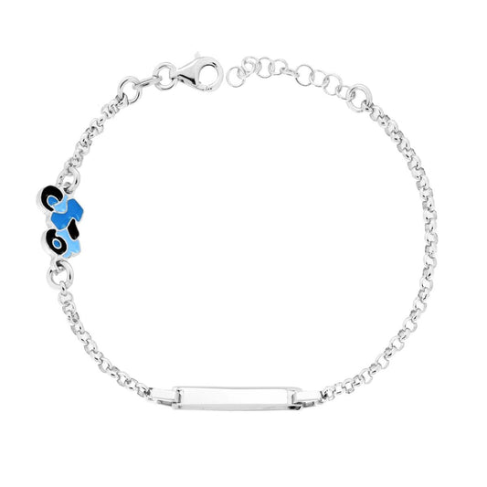 Bracciale Bimbo Bimba Catena Rolo con Targa Rettangolare e Motocicletta con Smalto Azzurro in ARGENTO 925 Galvanica Rodio<BR>