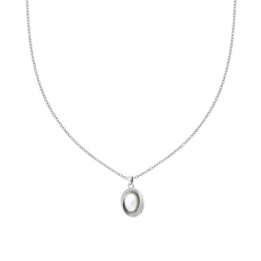 Collana Catena Forzatina Diamantata con Ovale Diamantato con Perla in ACCIAIO e OTTONE