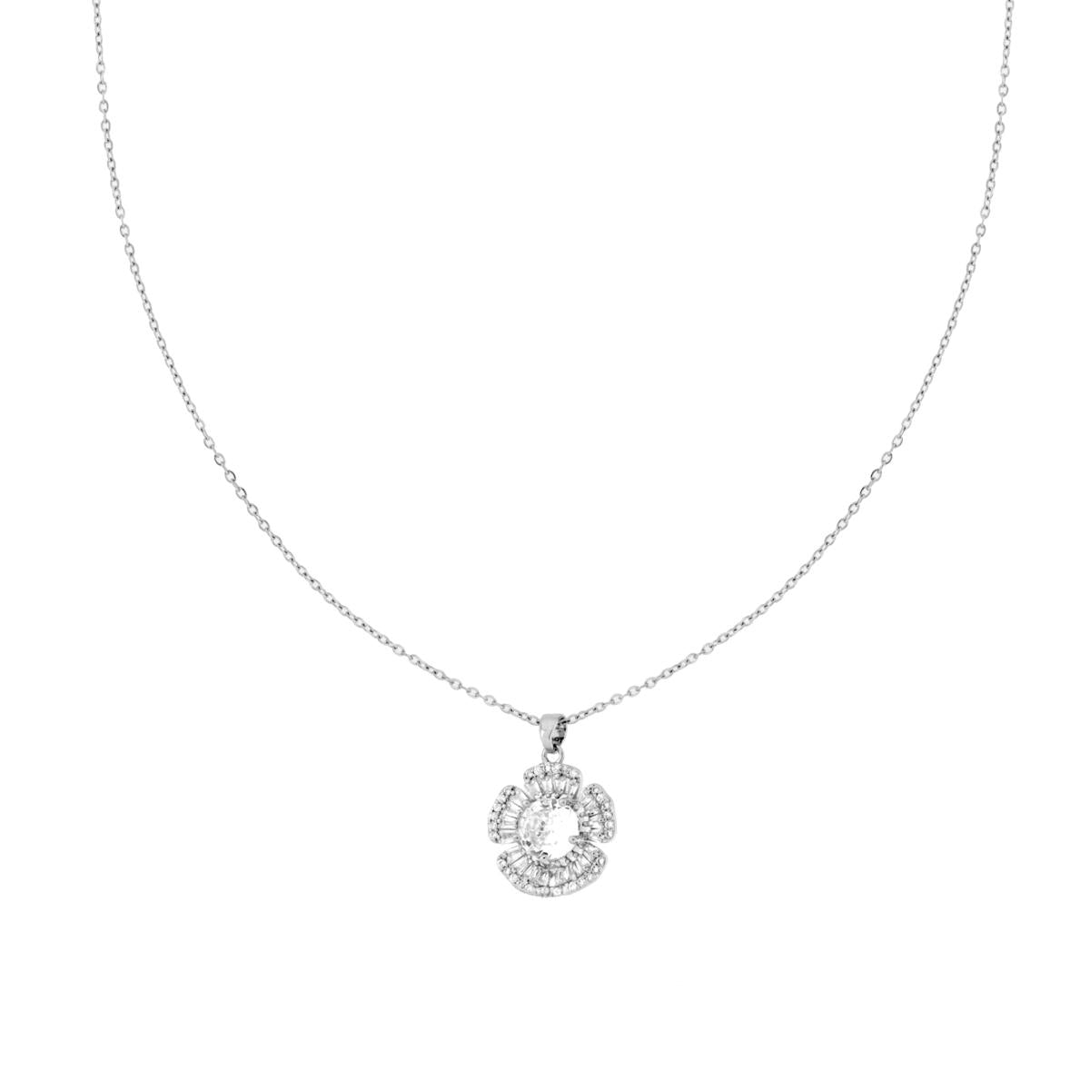 Collana Catena Forzatina Diamantata con Fiore Punto Luce e Crystal Bianchi Trapezio in ACCIAIO e OTTONE