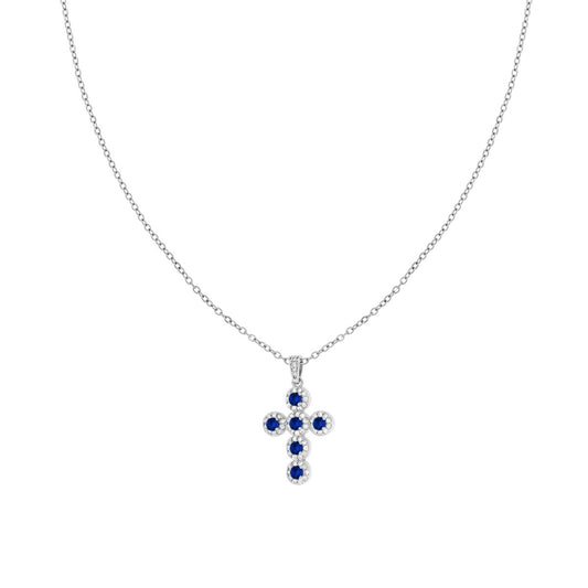 Collana Catena Forzatina Diamantata con Croce Crystal Blu Zaffiro e Bianchi in ACCIAIO e OTTONE