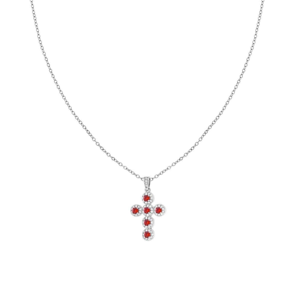 Collana Catena Forzatina Diamantata con Croce Crystal Rosso Rubino e Bianchi in ACCIAIO e OTTONE