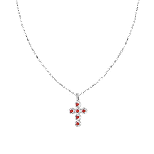 Collana Catena Forzatina Diamantata con Croce Crystal Rosso Rubino e Bianchi in ACCIAIO e OTTONE