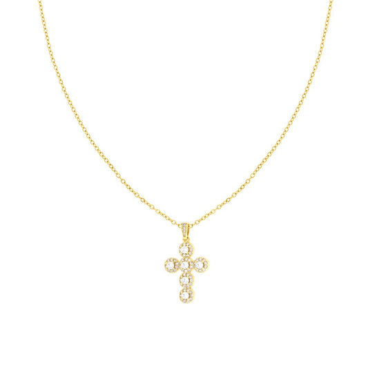 Collana Catena Forzatina Diamantata e Croce con Crystal Bianchi in ACCIAIO e OTTONE colore Oro