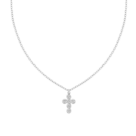 Collana Catena Forzatina con Croce e Crystal Bianchi in ACCIAIO