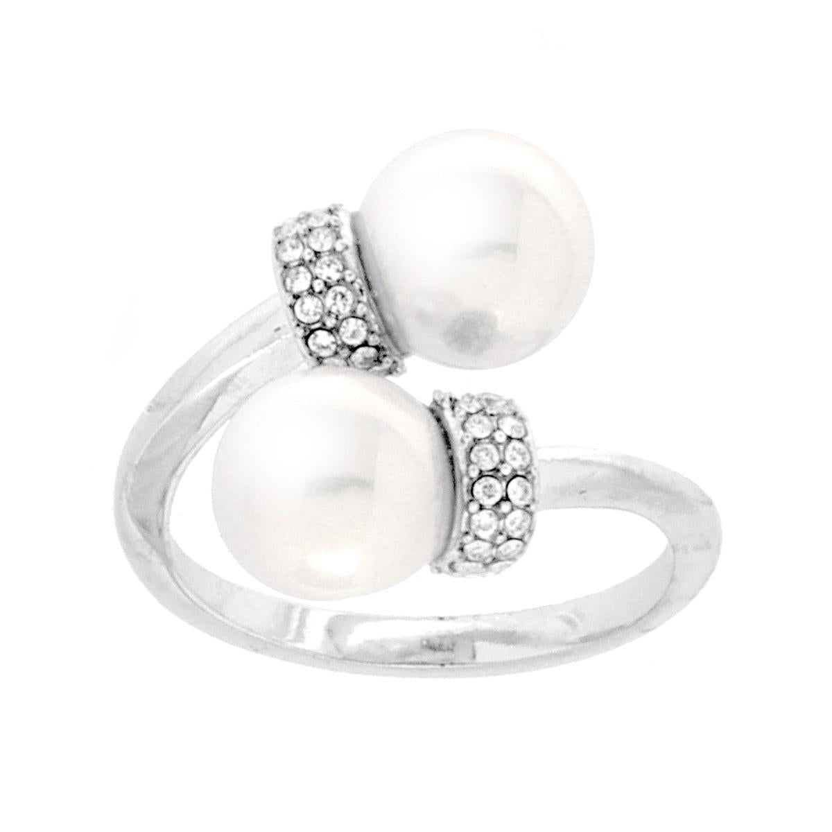 Anello Contrarie con e Perle e Crystal Bianchi in ACCIAIO