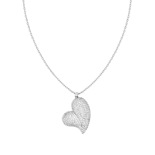 Collana Catena Forzatina con Cuore Bombato e Crystal Bianchi in ACCIAIO E OTTONE