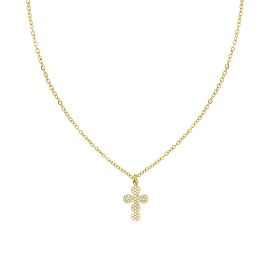 Collana Catena Forzatina con Croce e Crystal Bianchi in ACCIAIO colore Oro