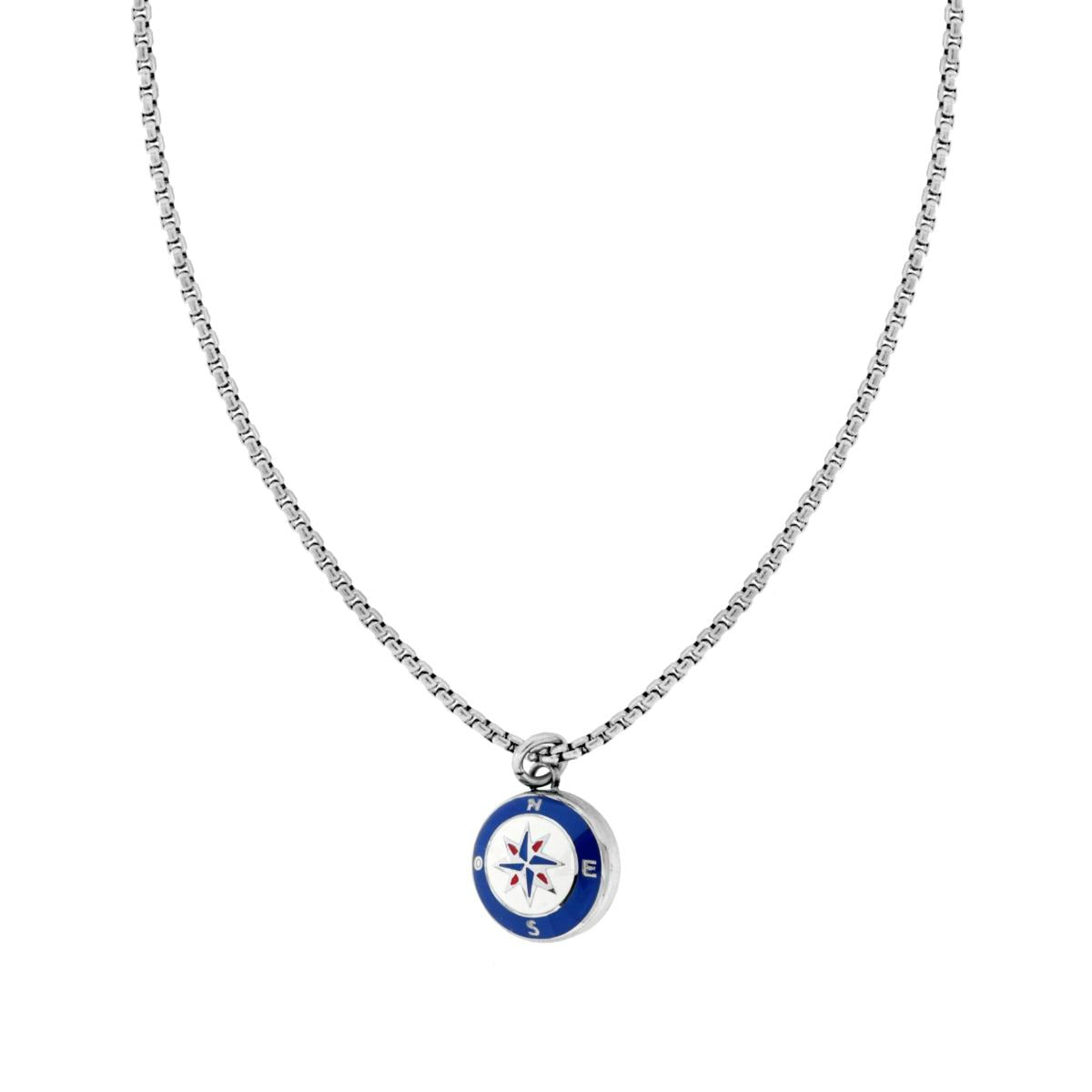 Collana Catena Veneziana Tonda con Rosa dei Venti Smalto Bianco e Blu in ACCIAIO